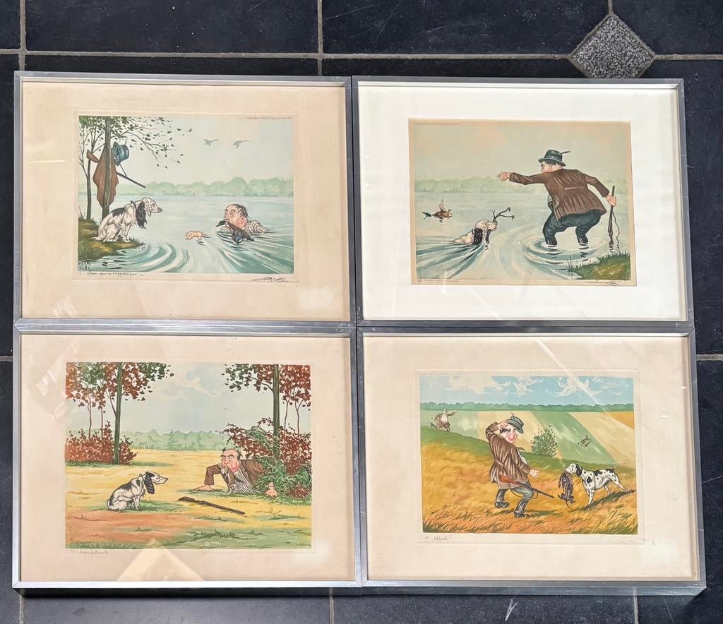4 eaux-fortes d'Arthur Boris O'Klein - Chasse chiens, Enlèvement