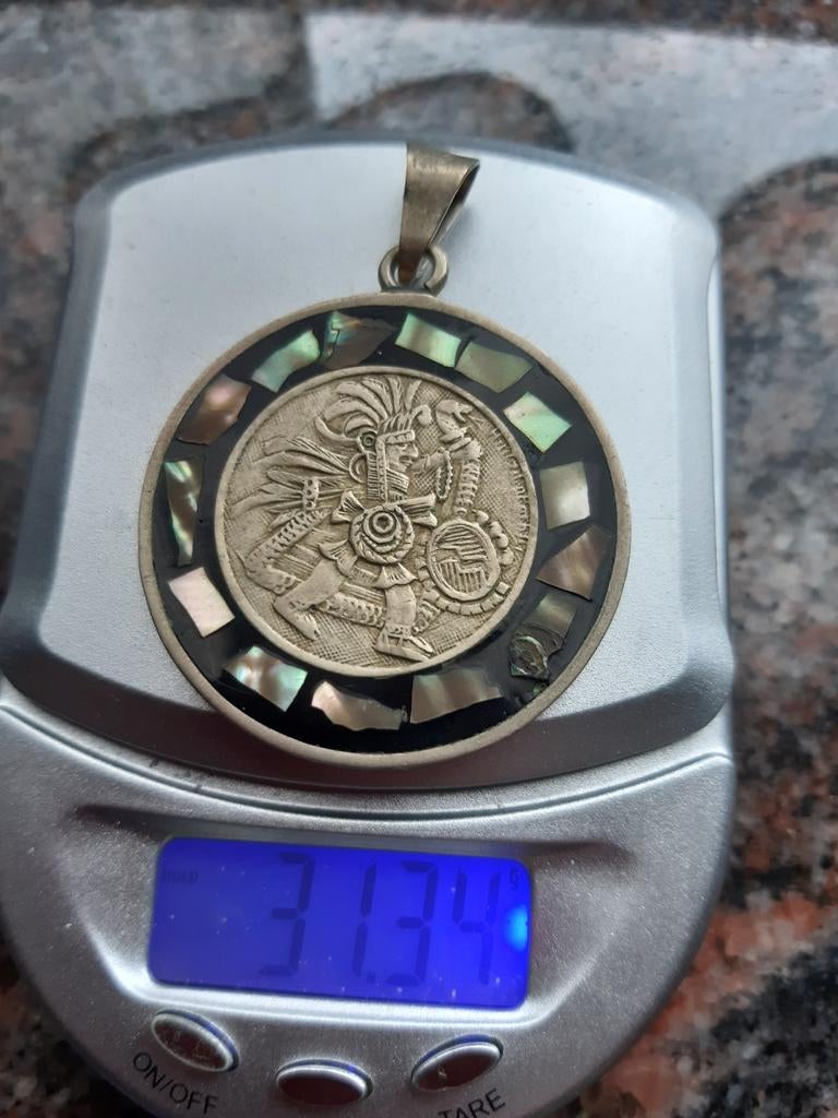 Oude zilver Maya hanger met onyx, Ophalen of Verzenden, Zilver, Zilver