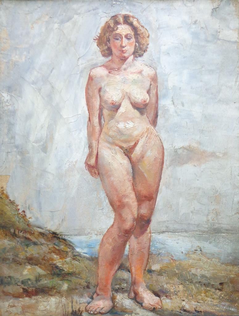 ONBEKEND / STAANDE NAAKTE VROUW / OLIEVERF / 58x46cm / KADER, Antiquités & Art, Enlèvement ou Envoi