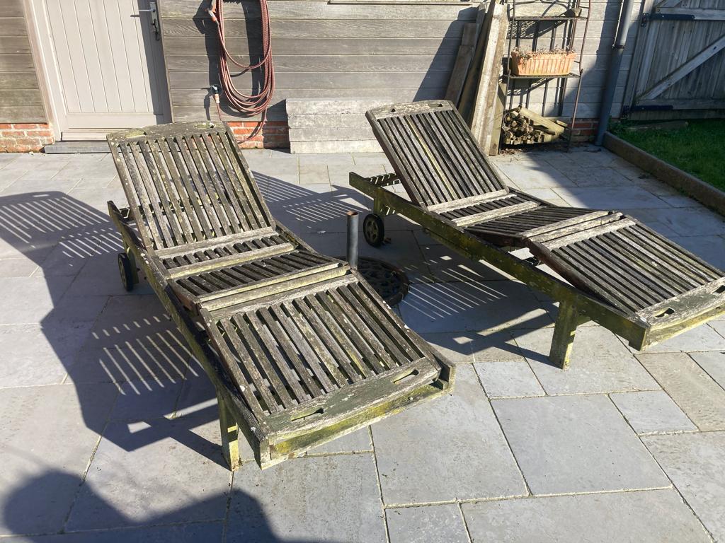 2 (transats) chaises longue de jardin en Teck, Enlèvement, Utilisé, Bois de teck, Mobile