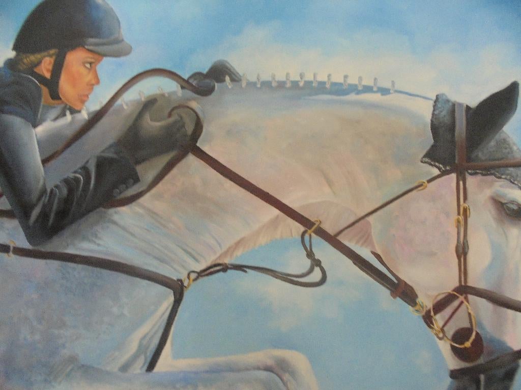 peinture cheval sautant Camille avec Athina Onassis (75x115), Antiquités & Art, Enlèvement
