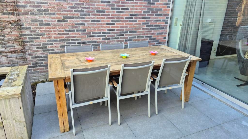 Tafel teak met 6 stoelen 220x100, Ophalen, Aluminium