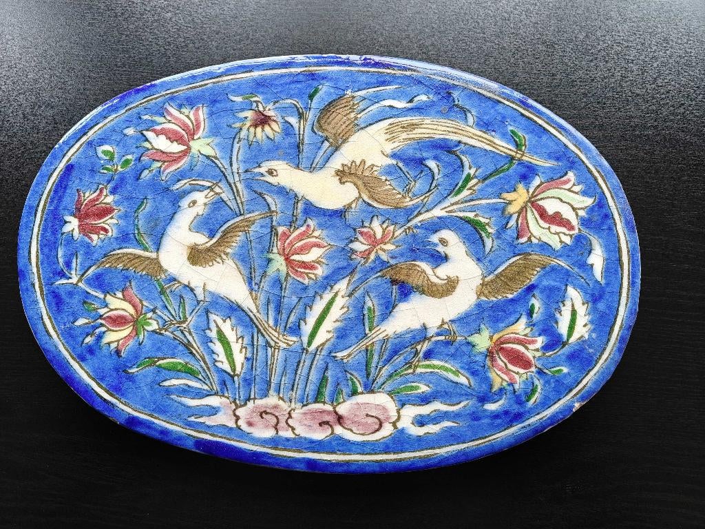 Plaquette Perzisch aardewerk met vogels en bloemen -19e eeuw, Antiek en Kunst, Curiosa en Brocante, Ophalen