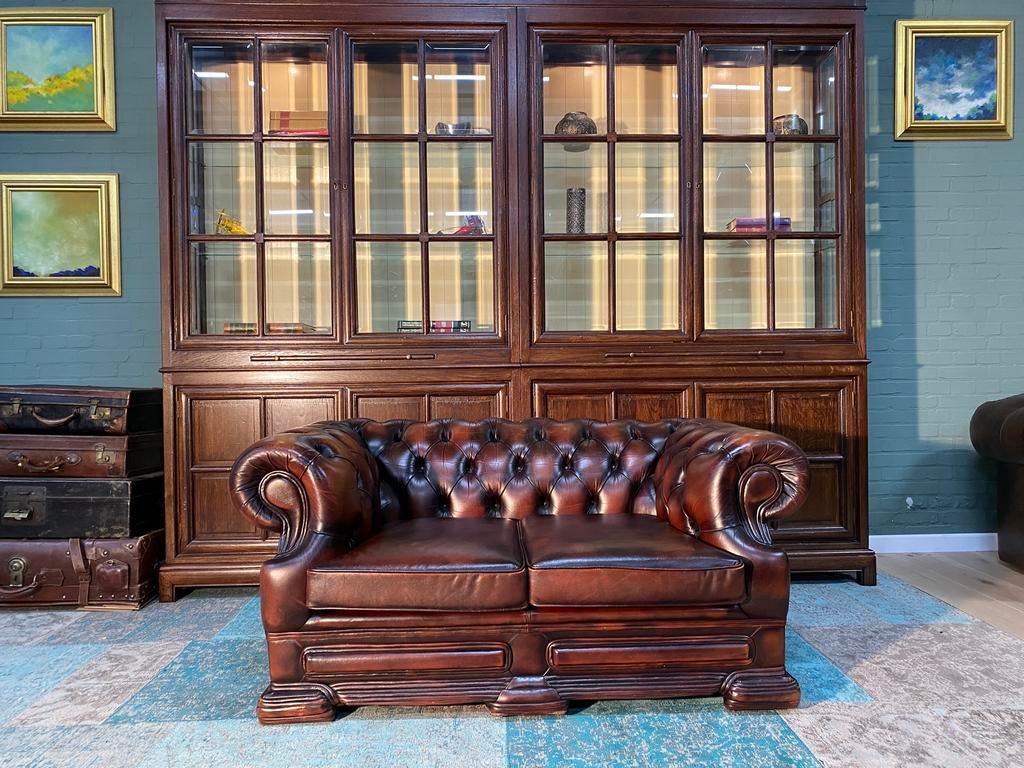 Engelse Chesterfield zetel bruin gevlamd, Huis en Inrichting, Ophalen of Verzenden, Leer