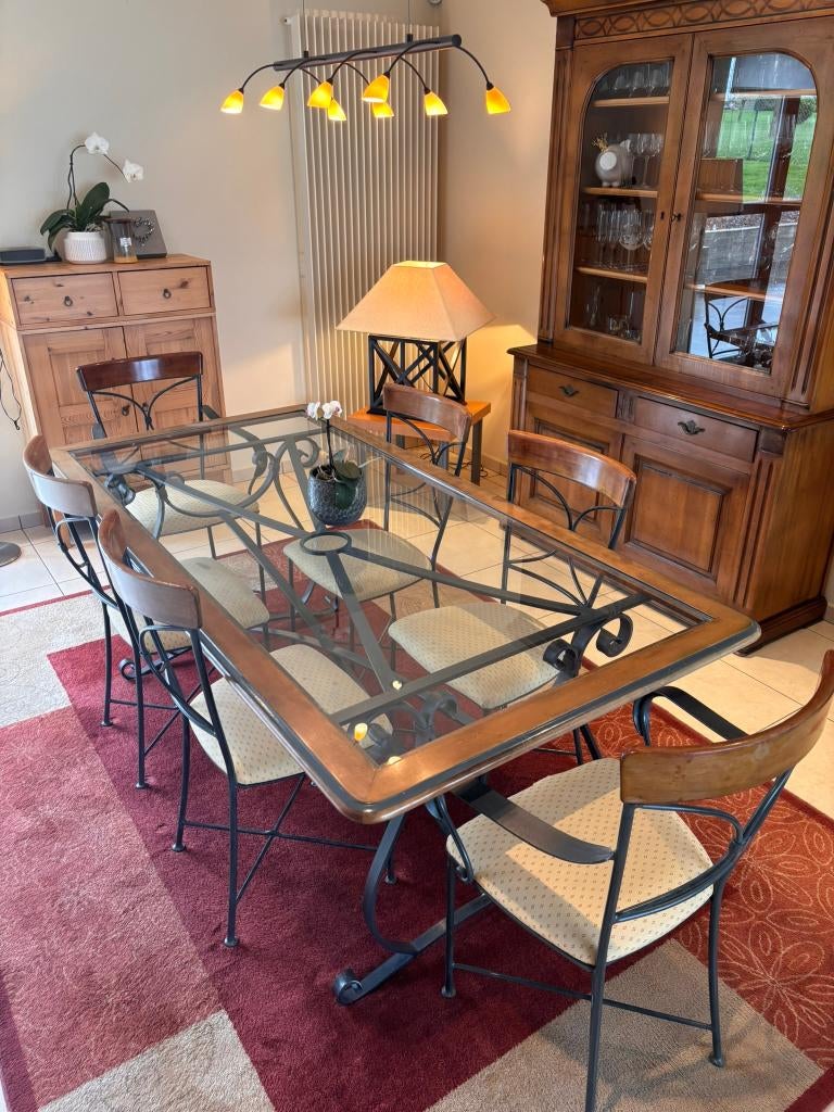 table de salle à manger et chaises + meuble tiroir + lustre, 75 cm ou plus, 150 à 200 cm, Comme neuf, 100 à 150 cm