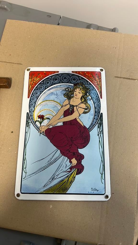 Emaille bord Mucha, Verzamelen, Ophalen of Verzenden, Zo goed als nieuw