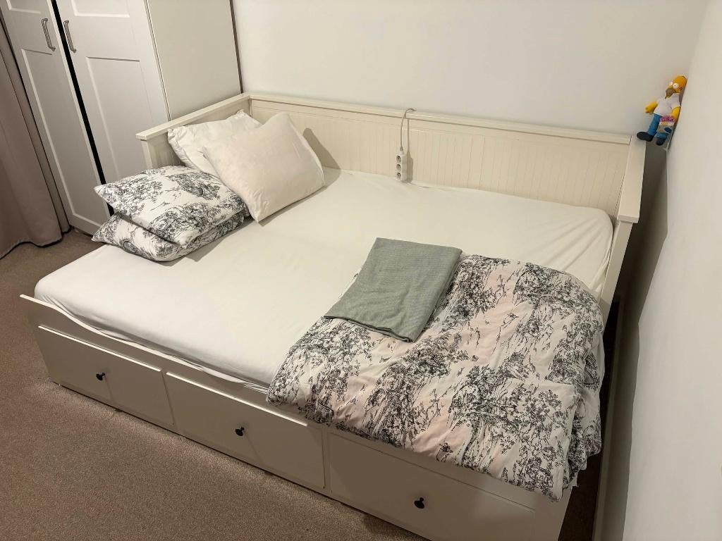 Bed met opberglades, Ophalen, Wit, Tweepersoons, Zo goed als nieuw