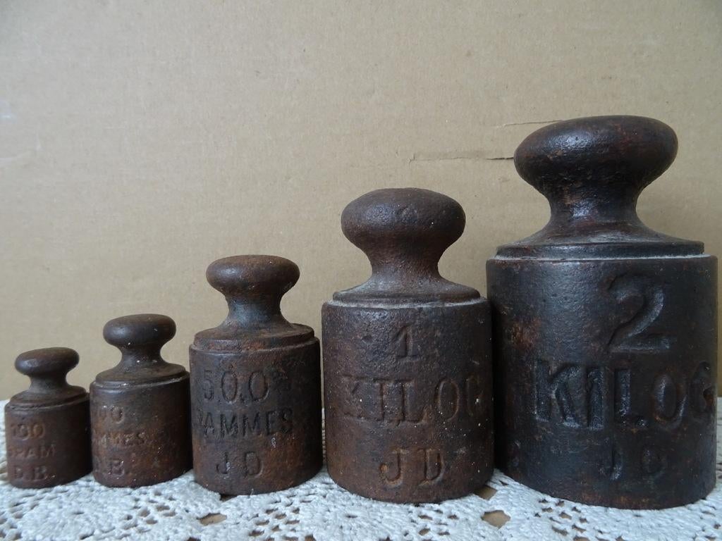 Antieke gewichten set antieke gietijzeren gewichten 1850, Ophalen of Verzenden