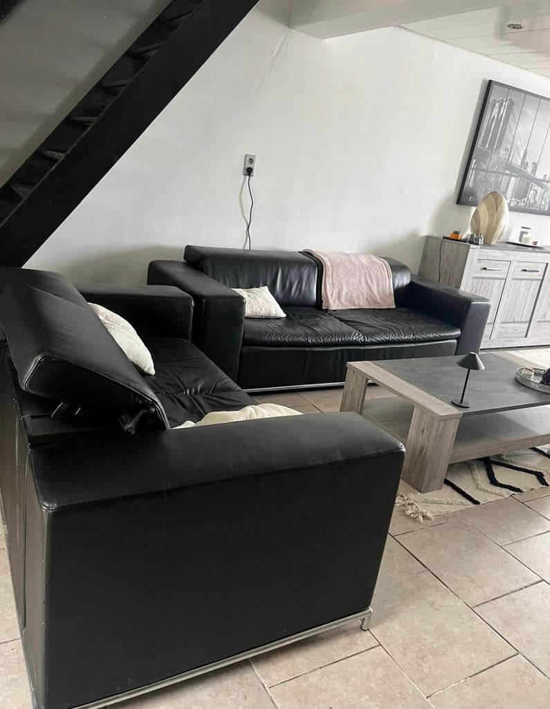 Salon fauteuil canape sofa noir similicuir 2x 3personnes, Maison & Meubles, Enlèvement, Utilisé