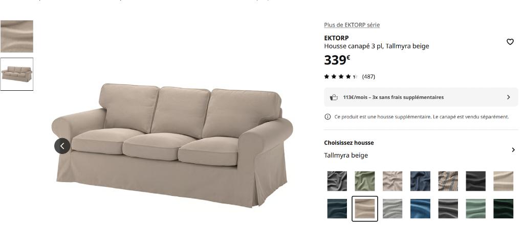 Housse de canapé ektorp 3 places beige + même modèle vert, Enlèvement, Comme neuf, Trois personnes, Banc droit