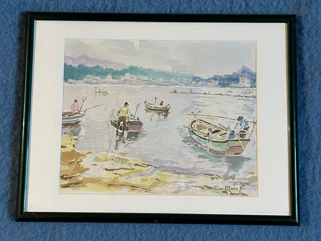 Aquarelle signée Claes - retour de pêche - barques, Antiquités & Art, Enlèvement ou Envoi