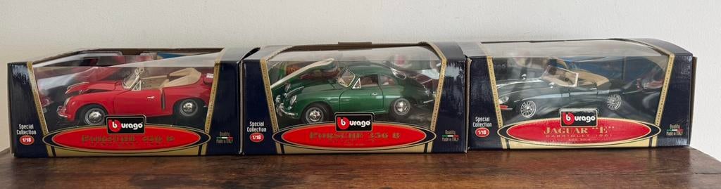 Bburago 1/18 Diecast Trio: Porsche 356 B & Jaguar E-Type, Hobby en Vrije tijd, Modelauto's | 1:18, Ophalen, Nieuw