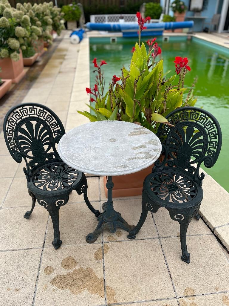 Mooi zeldzaam antiek bistroset – tafel met 2 stoelen, Ophalen