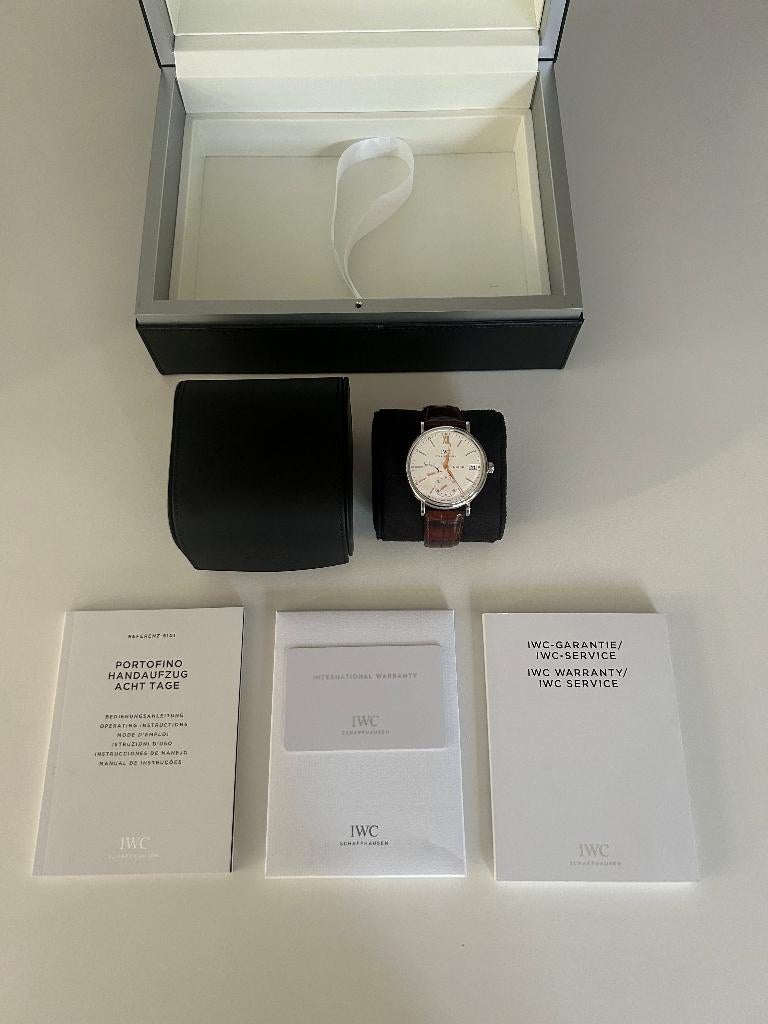 IWC Portofino Hand-Wound Eight Days (IW510103), Leer, Staal, Polshorloge, Zo goed als nieuw