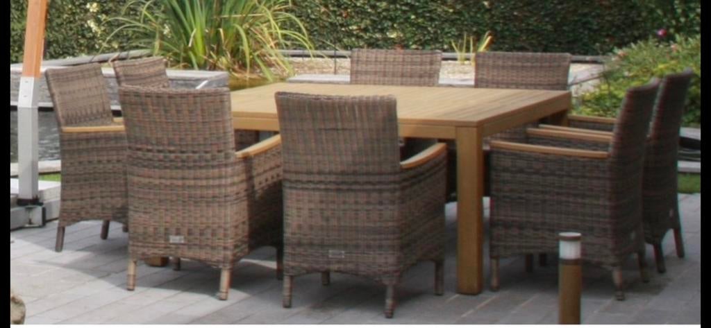 Tuintafel met 8 stoelen en zitkussens, Ophalen, Gebruikt, Tuinset