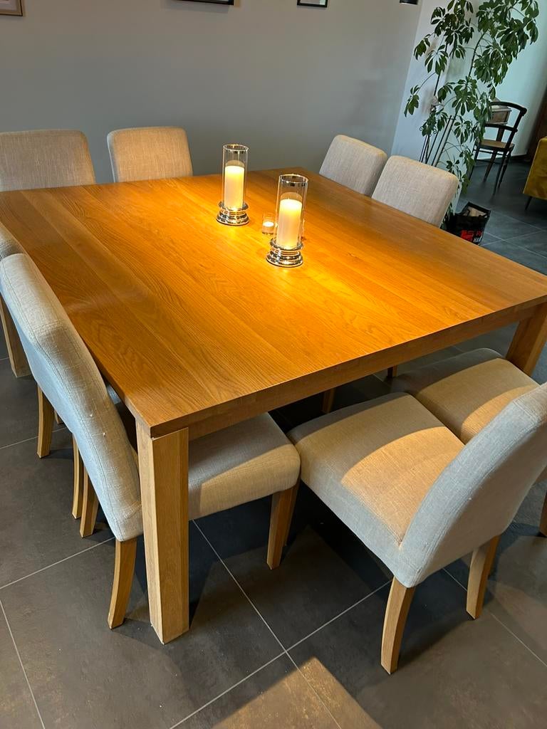 Tafel + 8 stoelen, Ophalen, Zo goed als nieuw, Moderne bois massif, 6 tot 8 stoelen
