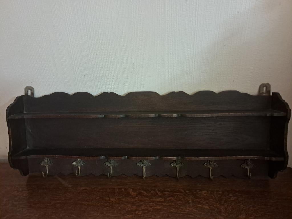 Étagère murale d'époque en bois à crochets à 2 niveaux., Enlèvement, Utilisé