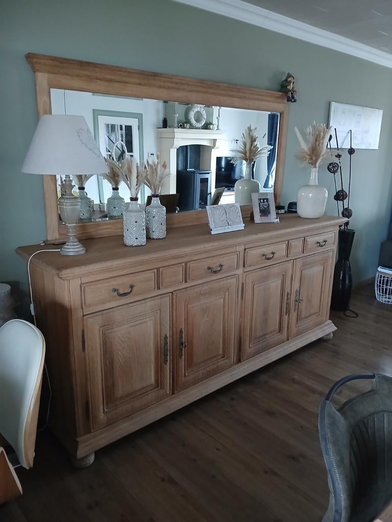 Grote dressoir met spiegel eik gezandstraald., Huis en Inrichting, Ophalen