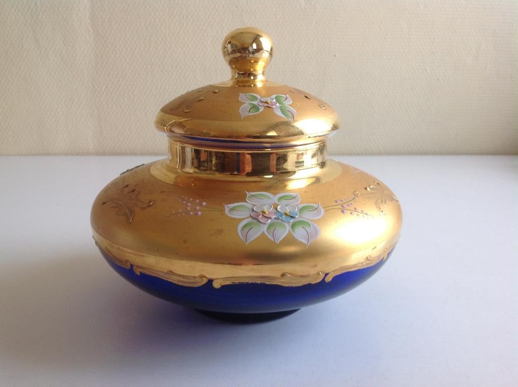 BONBONNIÈRE EN VERRE VÉNITIEN BLEU COBALT, Antiquités & Art, Enlèvement ou Envoi