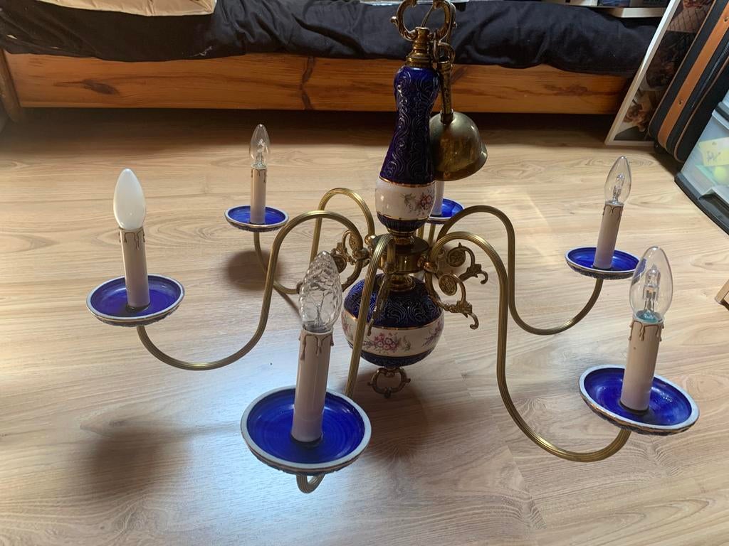 Antieke blauwe porseleinen luster in delfts blauwe keramiek, Antiek en Kunst, Ophalen