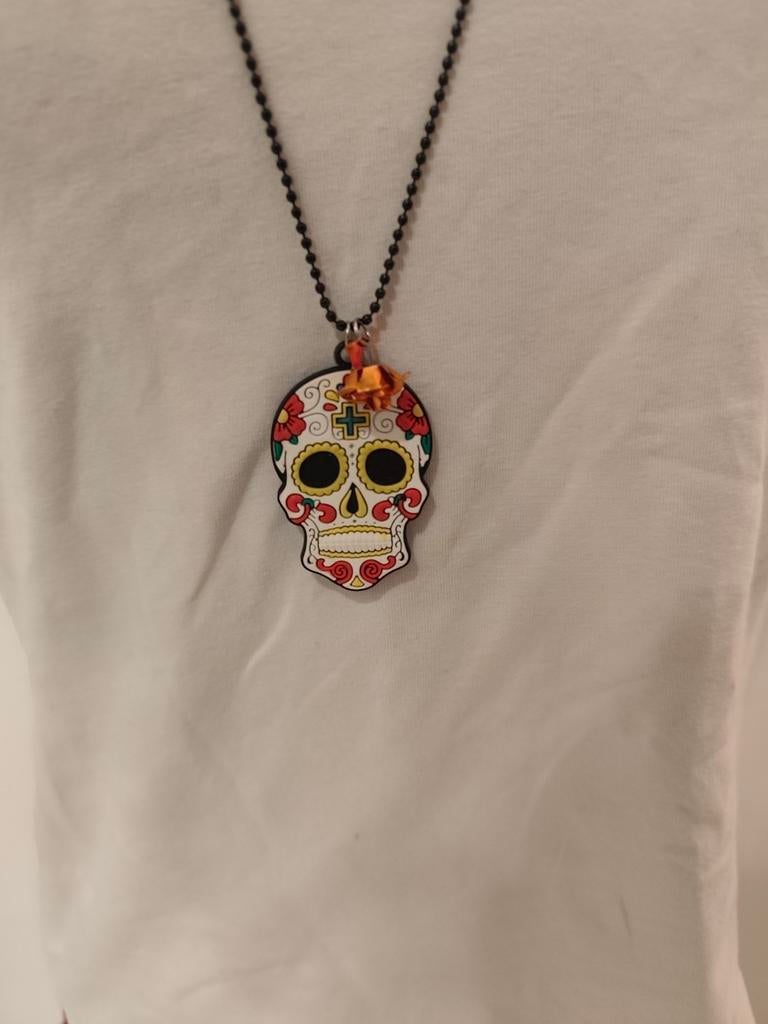 jolie longue chaîne gothique romantique tête de mort et rose, Enlèvement ou Envoi, Comme neuf, Avec pendentif