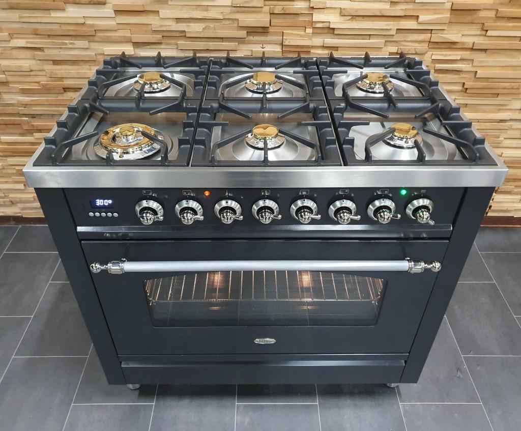 🔥Luxe Boretti Fornuis 90cm antraciet + rvs 6 pit 300° oven, Elektronische apparatuur, Fornuizen, 60 cm of meer, Ophalen of Verzenden