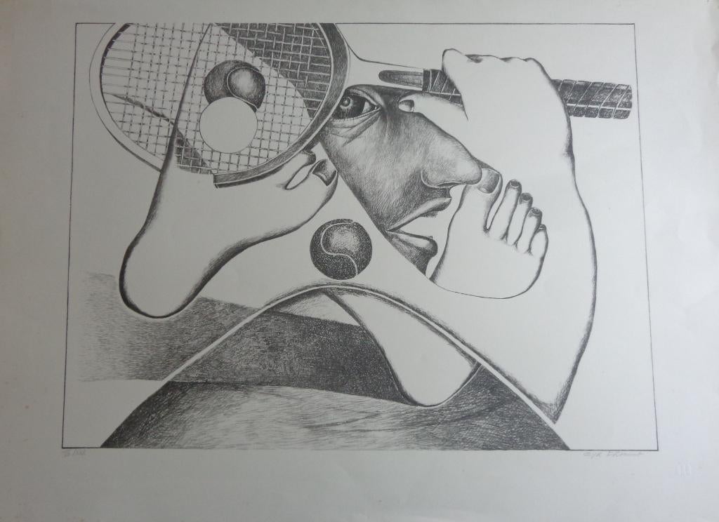 CYR FRIMOUT / TENNISSPELER / ZW-W LITHO / 64x90cm / SIG, Antiquités & Art, Art | Lithographies & Sérigraphies, Enlèvement ou Envoi