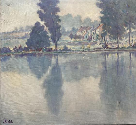 Huile sur toile lac signe jules postel, Antiek en Kunst, Kunst | Schilderijen | Klassiek, Ophalen of Verzenden