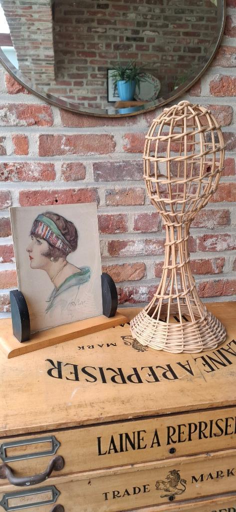 Vintage rieten hoofd - retro rotan hoedenstandaard, Antiek en Kunst, Ophalen of Verzenden