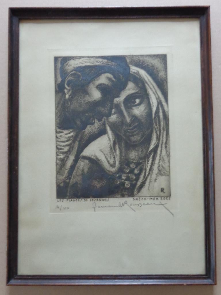FERNAND ROUSSEAUX / FIANCES MYKONOS / ZW-W ETS 46x34cm KADER, Antiek en Kunst, Kunst | Etsen en Gravures, Ophalen of Verzenden