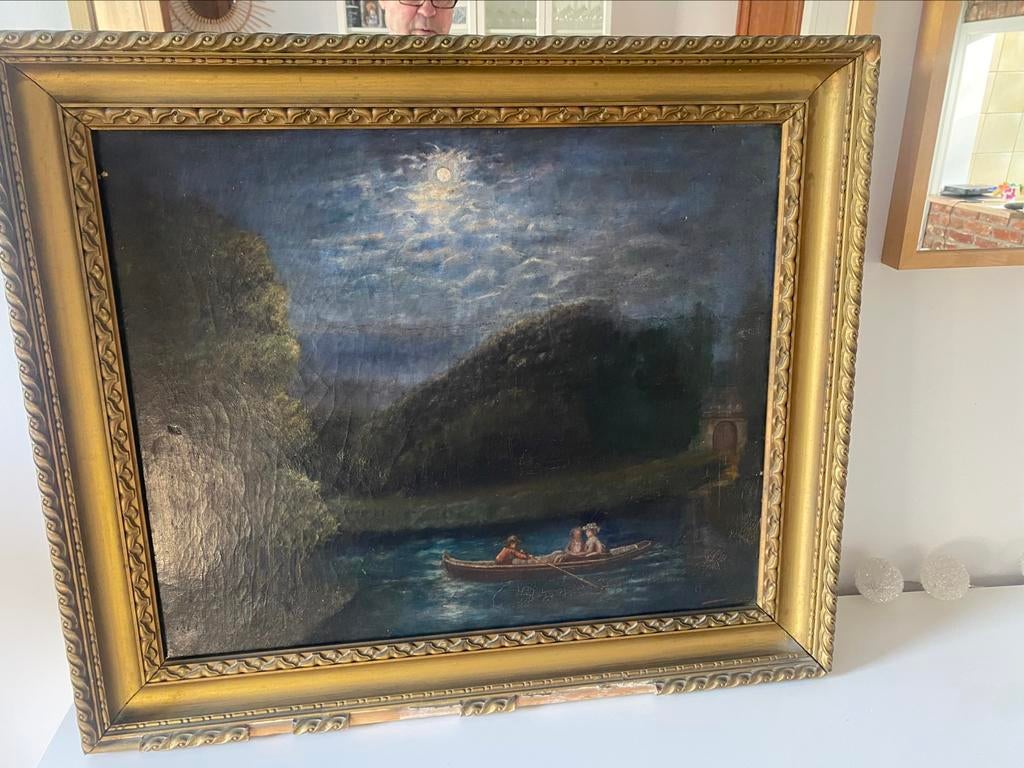 Olieverf op doek, wandeling in het maanlicht, Ophalen of Verzenden