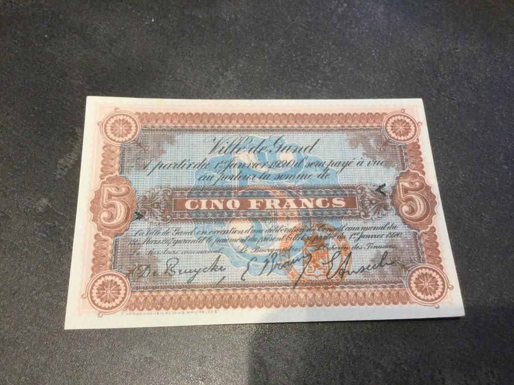 Belgique, Gand, note d'urgence 5 Frank 1920, Timbres & Monnaies, Billets de banque | Belgique, Enlèvement ou Envoi
