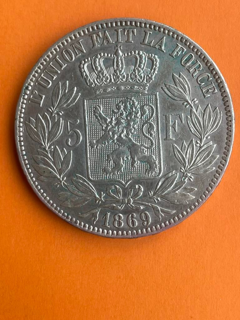 1869 - 5 francs - Leopold II, Postzegels en Munten, Ophalen of Verzenden, Zilver