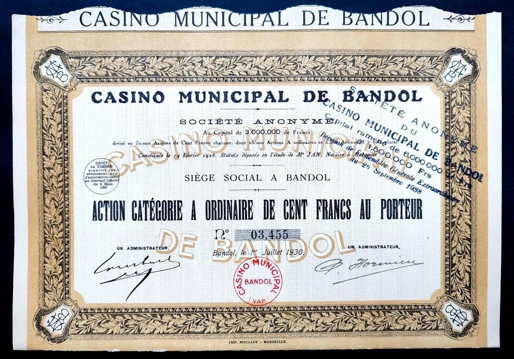 Casino Municipal de Bandol 1930, Timbres & Monnaies, Actions & Titres, Action, 1920 à 1950, Enlèvement ou Envoi