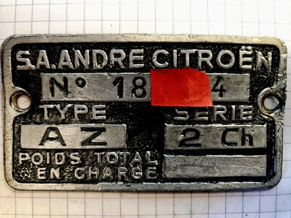 2CV chassisplaatje 1955 ribbel-eend, Ophalen of Verzenden, Gebruikt, Citroën