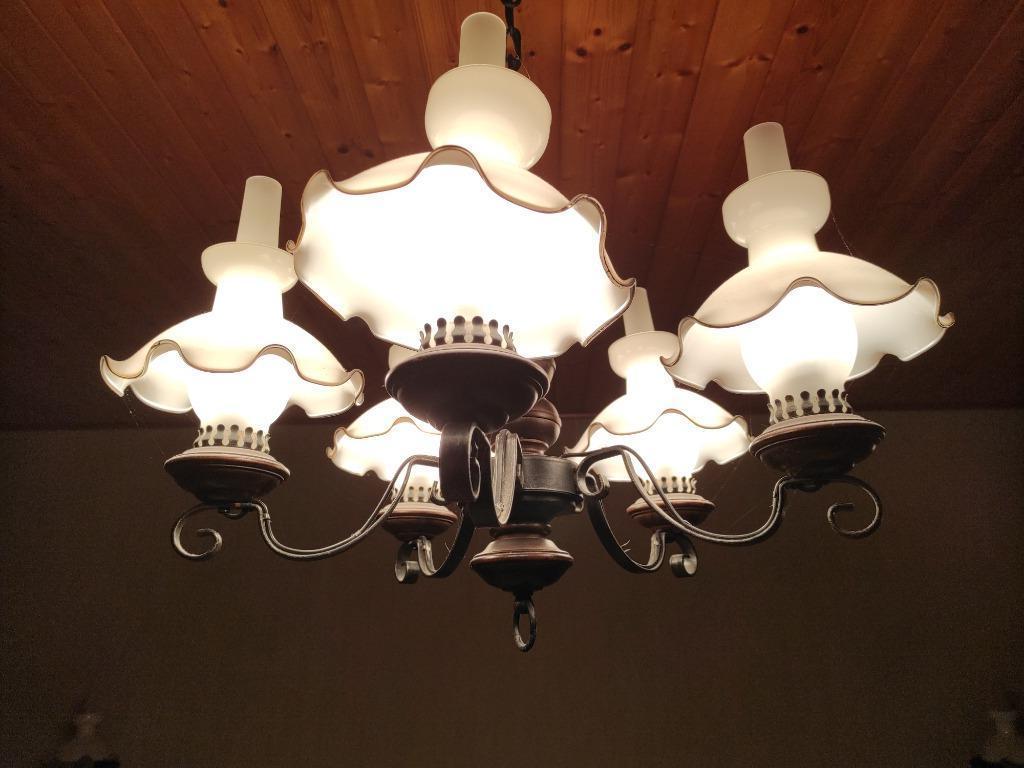 Luster met 5 lampen + 2 bijhorende wandlampen, Ophalen, Zo goed als nieuw, Glas, Retro