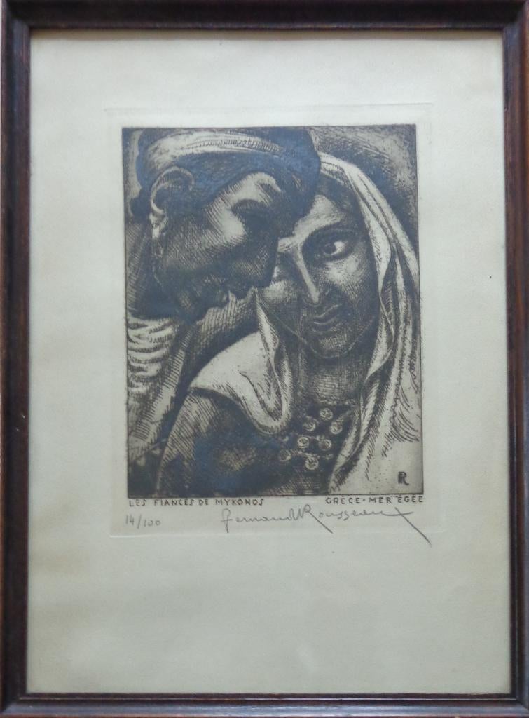 FERNAND ROUSSEAUX / FIANCES MYKONOS / ZW-W ETS 46x34cm KADER, Antiek en Kunst, Kunst | Etsen en Gravures, Ophalen of Verzenden