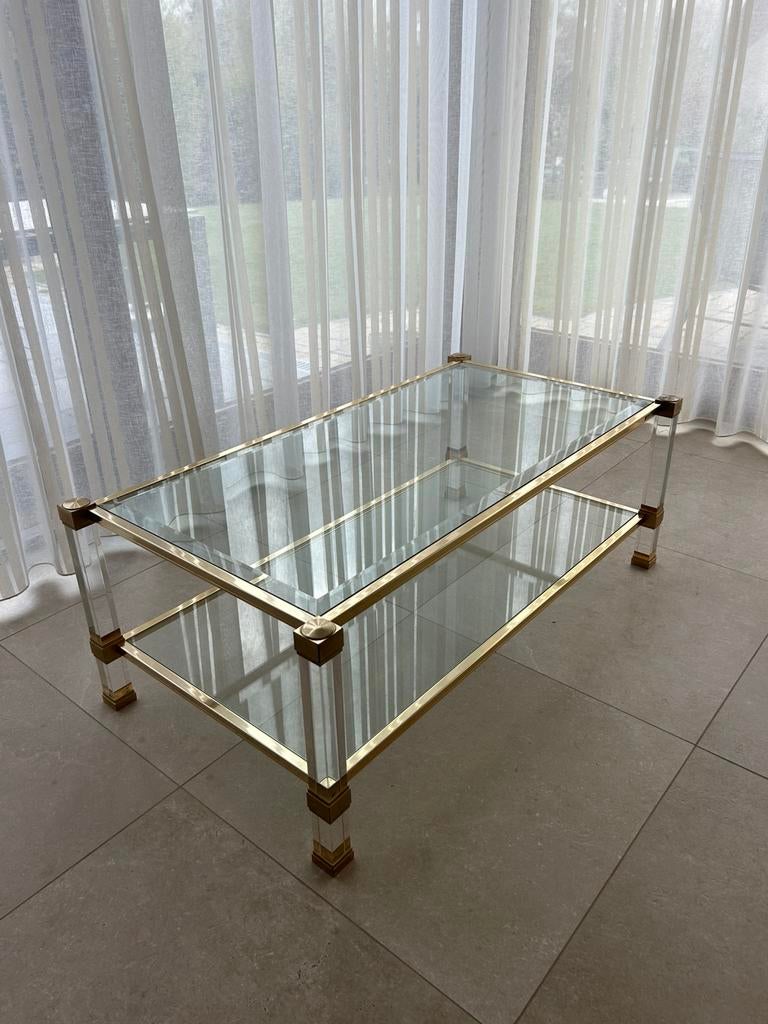 Table basse Pierre Vandel Paris - verre, laiton 120 cm, Maison & Meubles, 100 à 150 cm, Art Déco, Moins de 50 cm, Verre