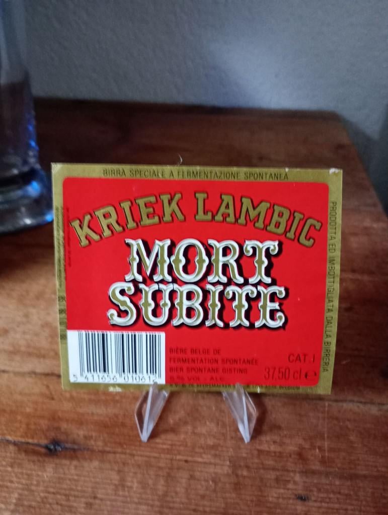 Brasserie bière ancienne étiquette Kriek Lambic Mort Subite, Collections, Marques de bière, Enlèvement ou Envoi, Comme neuf, Panneau, Plaque ou Plaquette publicitaire