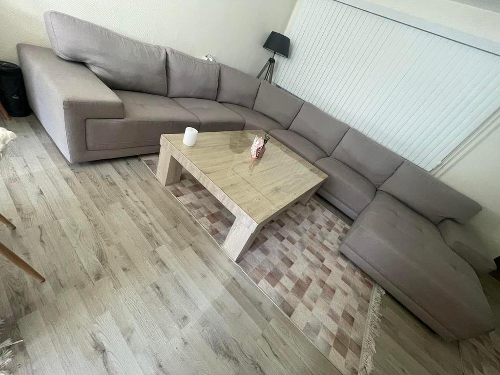 Hoeksalon met longchair met rugleuning lichtbruin-grijs, Ophalen, Gebruikt, Stof