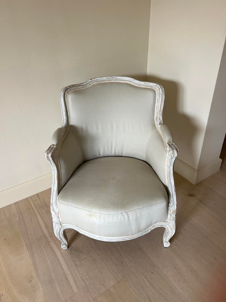 Vieille chaise bergère en bois massif et tissu, 75 à 100 cm, Enlèvement, Utilisé, 50 à 75 cm