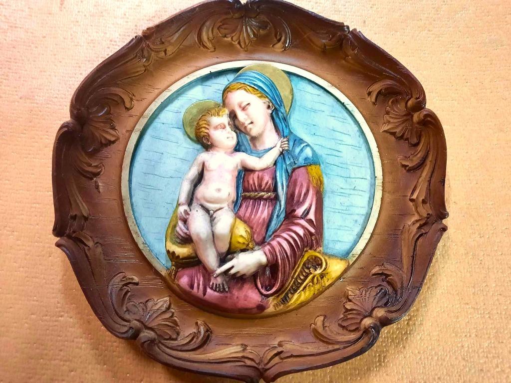 Mooi Antieke wandbord met Maria met kindje Jezus, Verzamelen, Ophalen, Zo goed als nieuw, Beeld(je), Overige religies