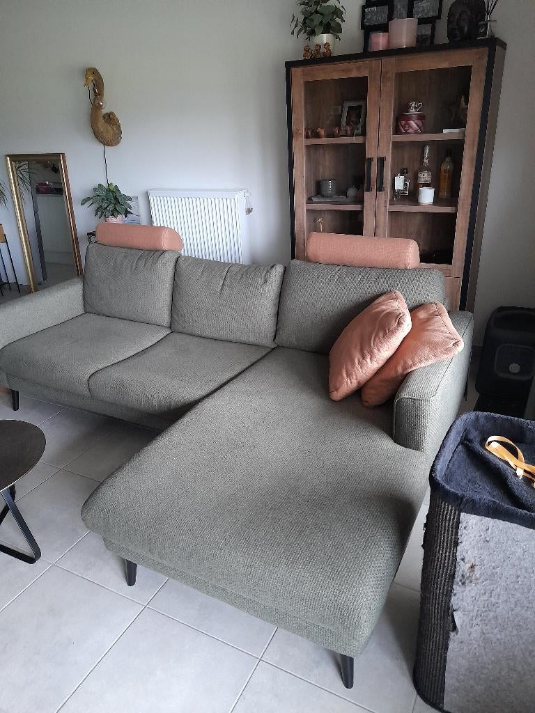 Groene Hoekzetel 2zit met arm links en longchair rechts, Ophalen, Zo goed als nieuw, Stof