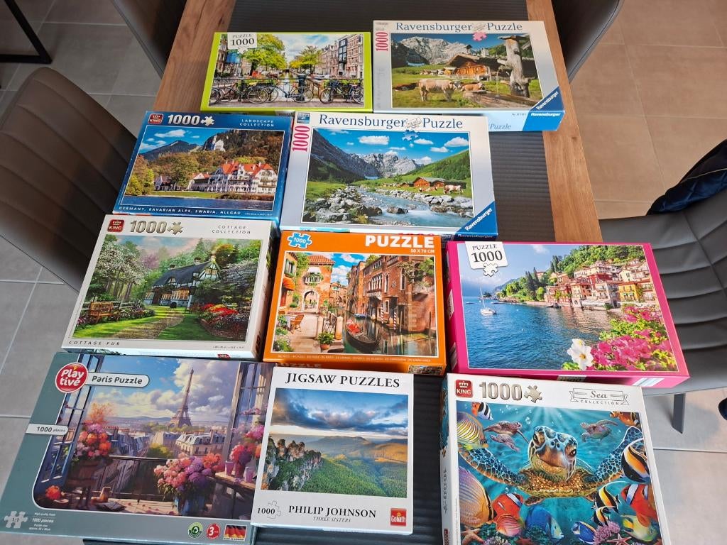 10 puzzels, Hobby en Vrije tijd, Ophalen of Verzenden, 500 t/m 1500 stukjes, Zo goed als nieuw, Legpuzzel