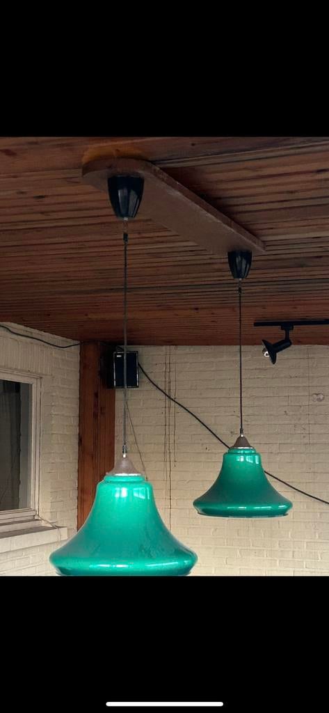 Retro hanglampen groen glas set van 2., Enlèvement, Comme neuf, Verre