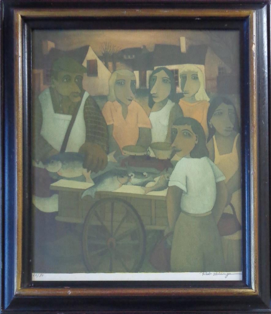 ROB DELANGE / VISKRAAM / KLEURLITHO / 74x64cm / KADER / SIG, Enlèvement