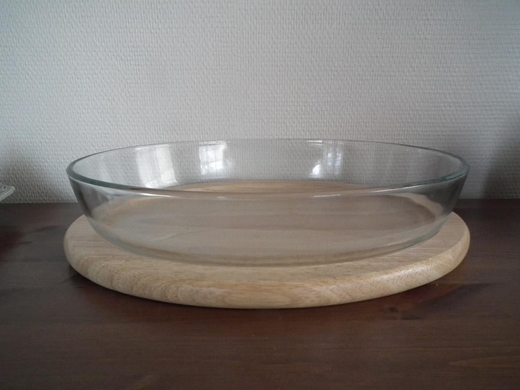 Grote ovale glazen schaal, met houten blad (L 34,5 cm), Huis en Inrichting, Keuken | Servies, Verzenden, Overige typen, Overige stijlen
