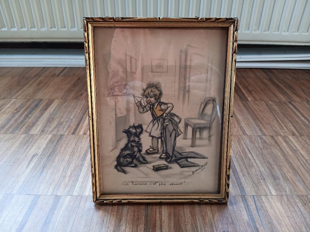 Reproductie Germaine Bouret prent in kader, 1935, Verzamelen, Foto's en Prenten, Gebruikt, Prent, Ophalen of Verzenden