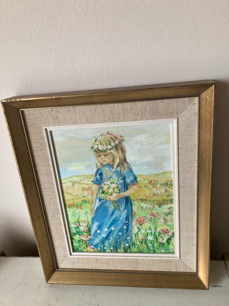 Schilderij meisje met boeket, Antiek en Kunst, Kunst | Schilderijen | Klassiek, Ophalen of Verzenden