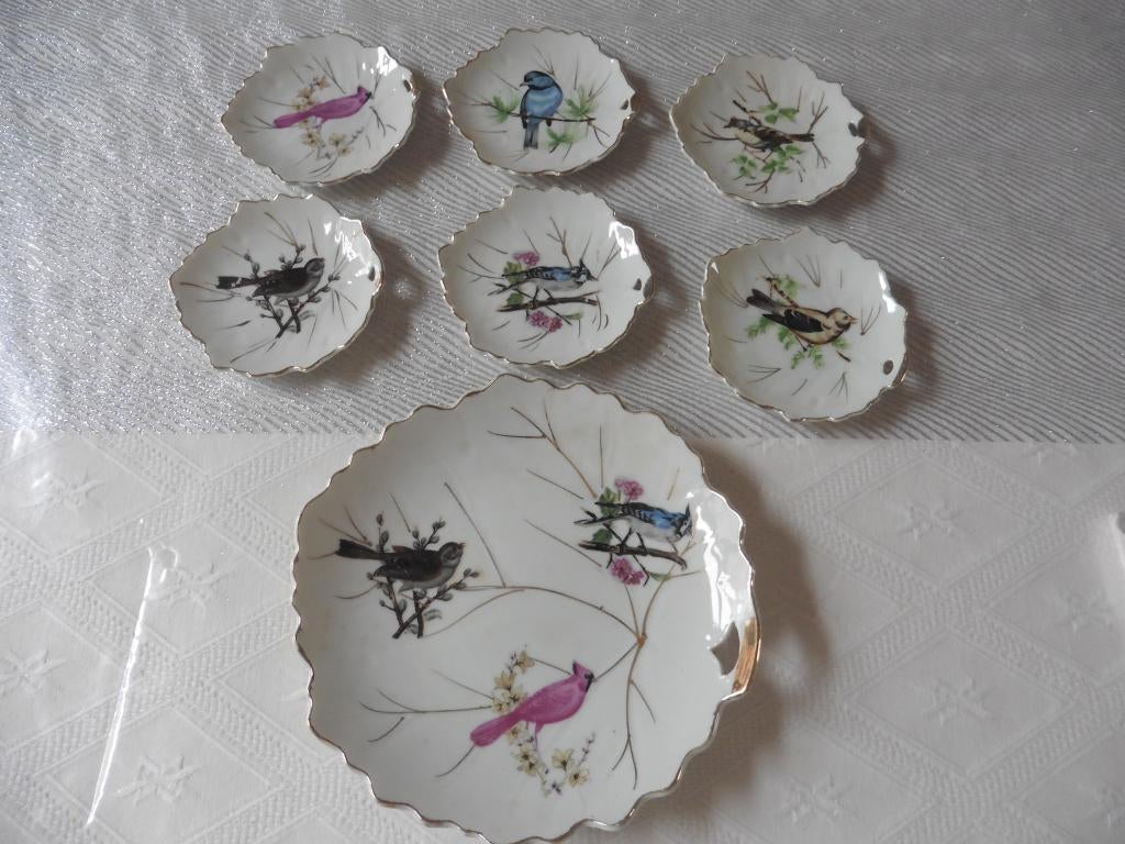 Service à pralines ancien en porcelaine, décor oiseaux, Enlèvement